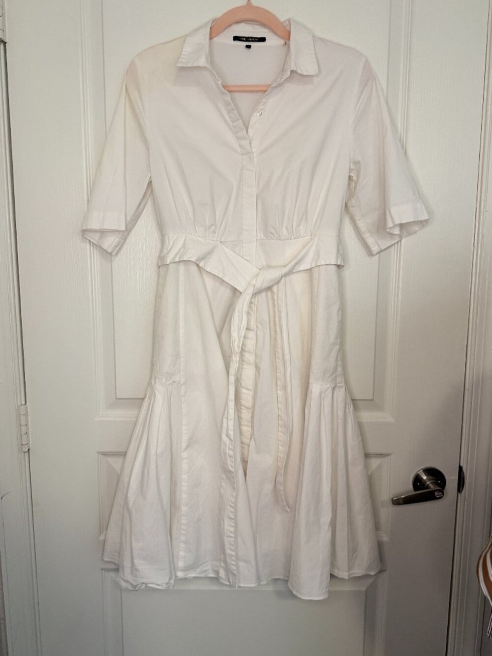 Kobi Halperin White Cotton Stretch Tie Waist Shirtdress Pleated Hem-S- MSRP $498